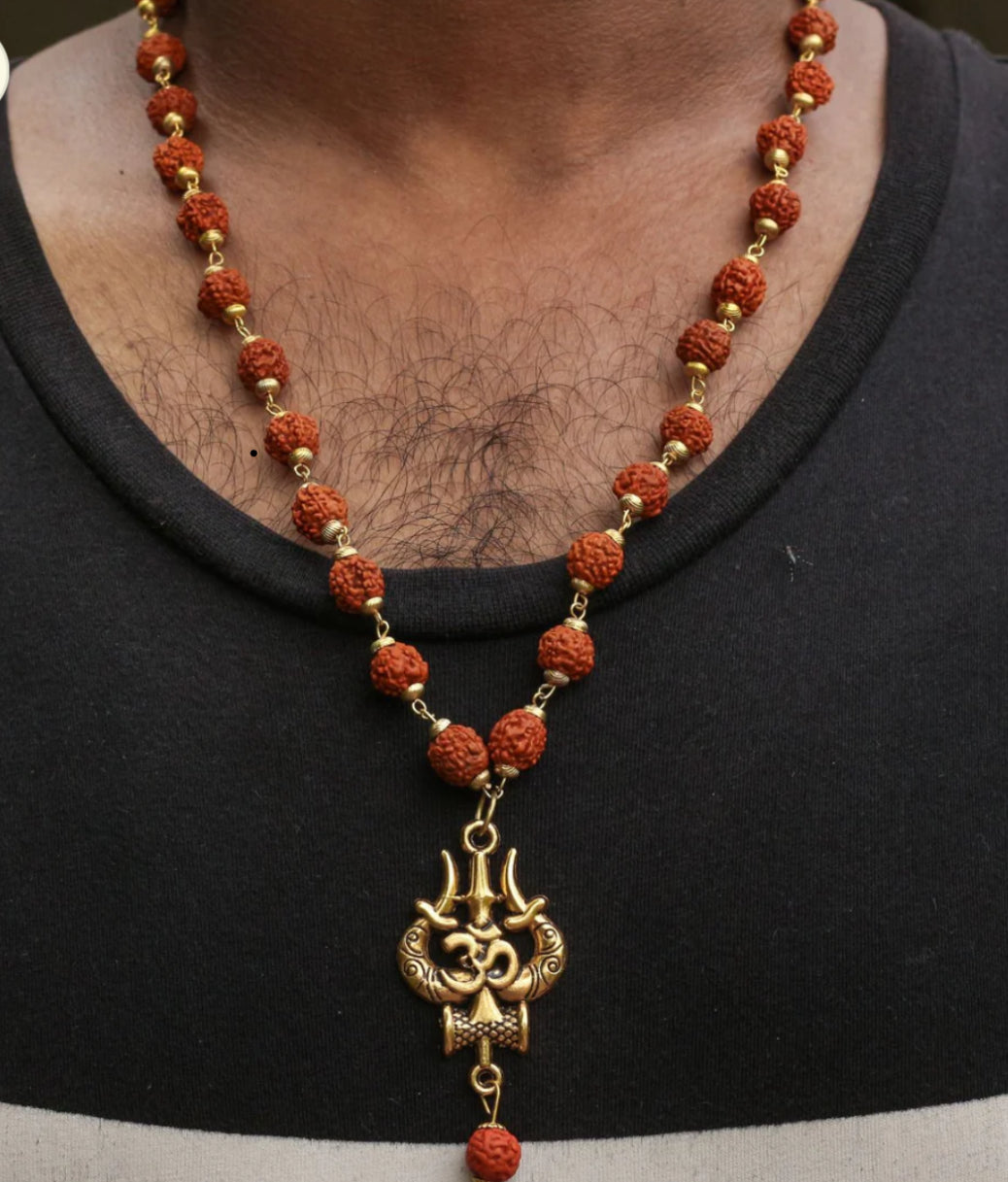 Gold Plated Rudraksha Om Shiva Trishool Necklace